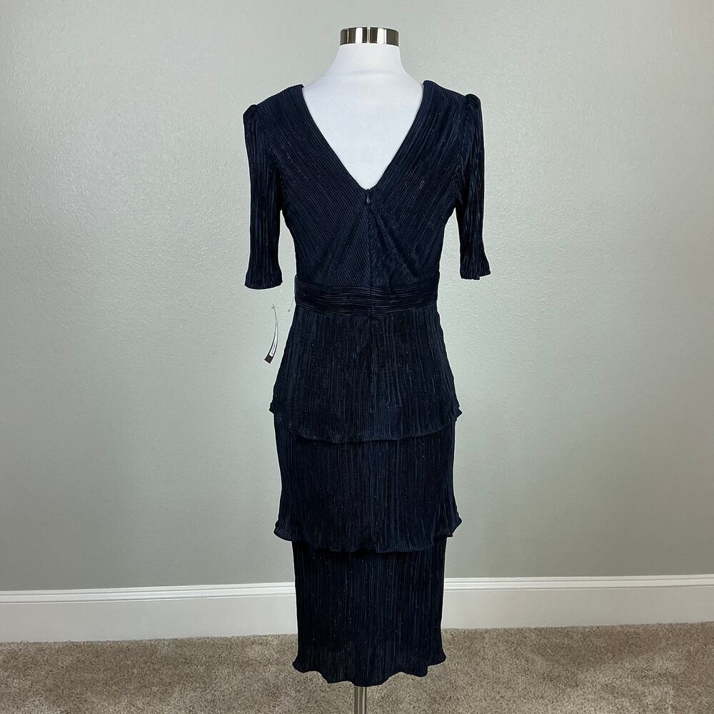 XSCAPE Pleated Sparkly Chiffon Midi Sheath Cocktail Dress Navy Blue Size 8 - Picture 7 of 13
